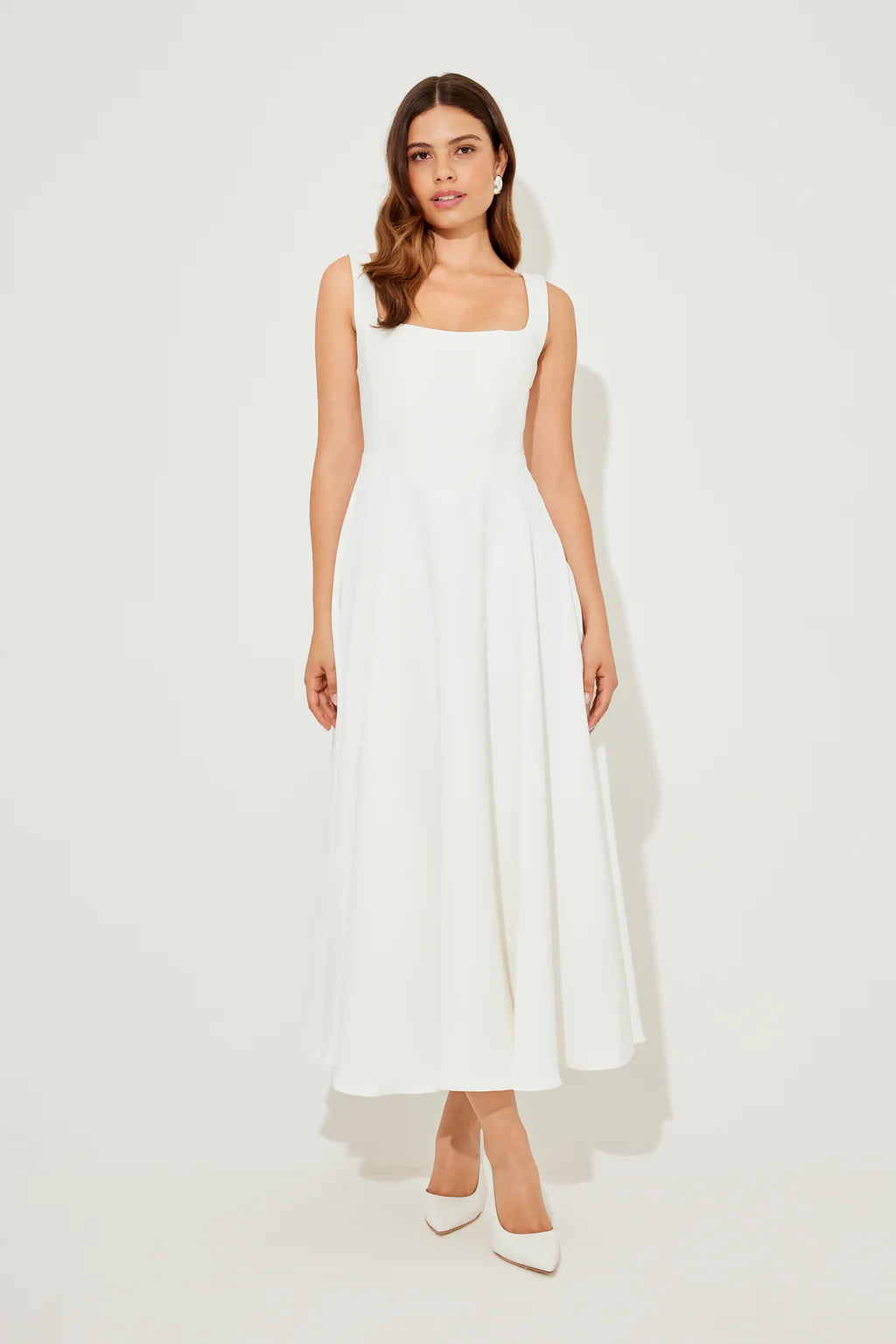 Elegant White Square-Neck Midi Dress