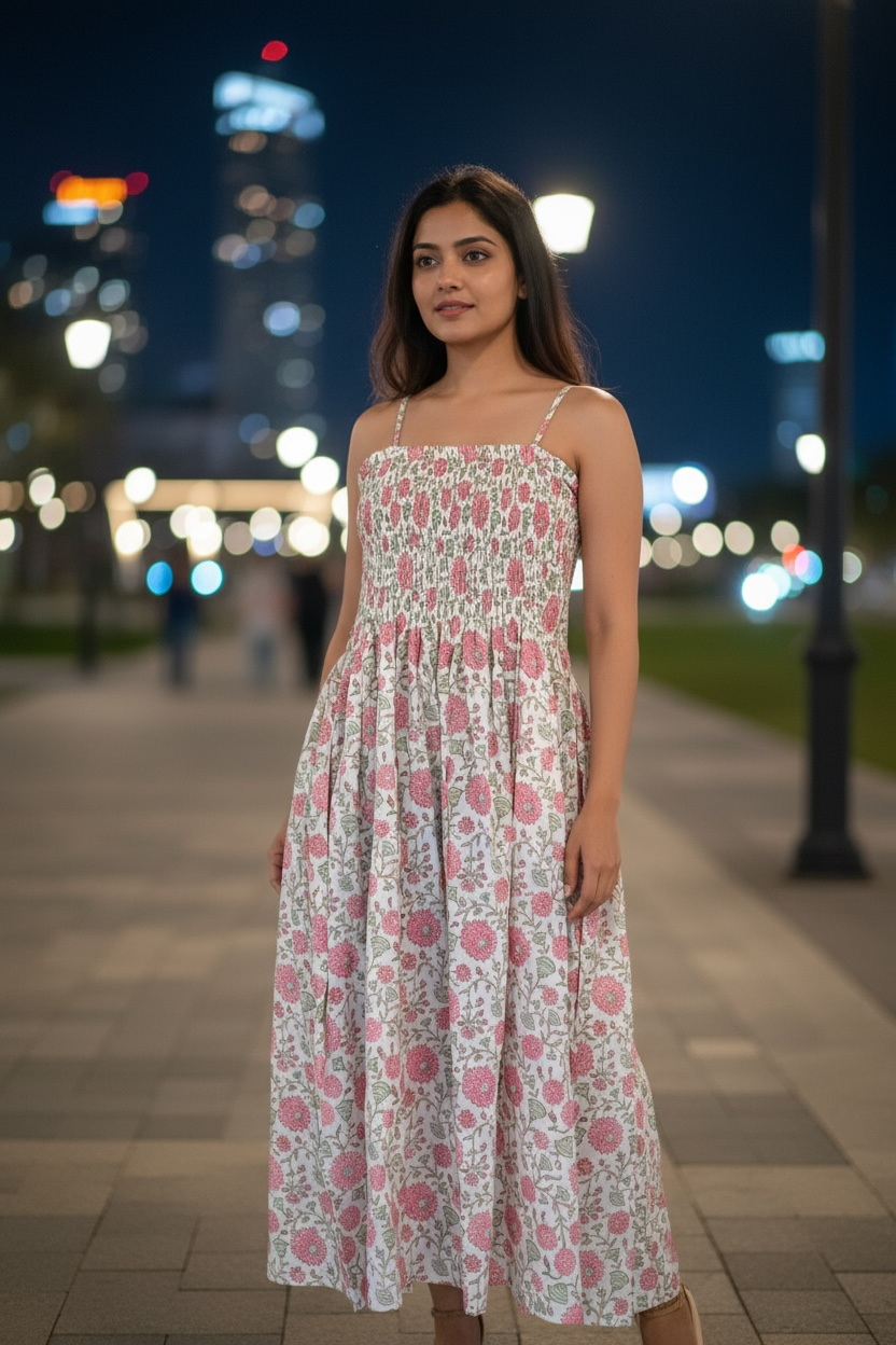 Hand Block Print Cotton Smocked A-Line Midi Dress with Adjustable Straps
