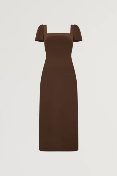 Chic Brown Square-Neck Puff-Sleeve Midi Dress
