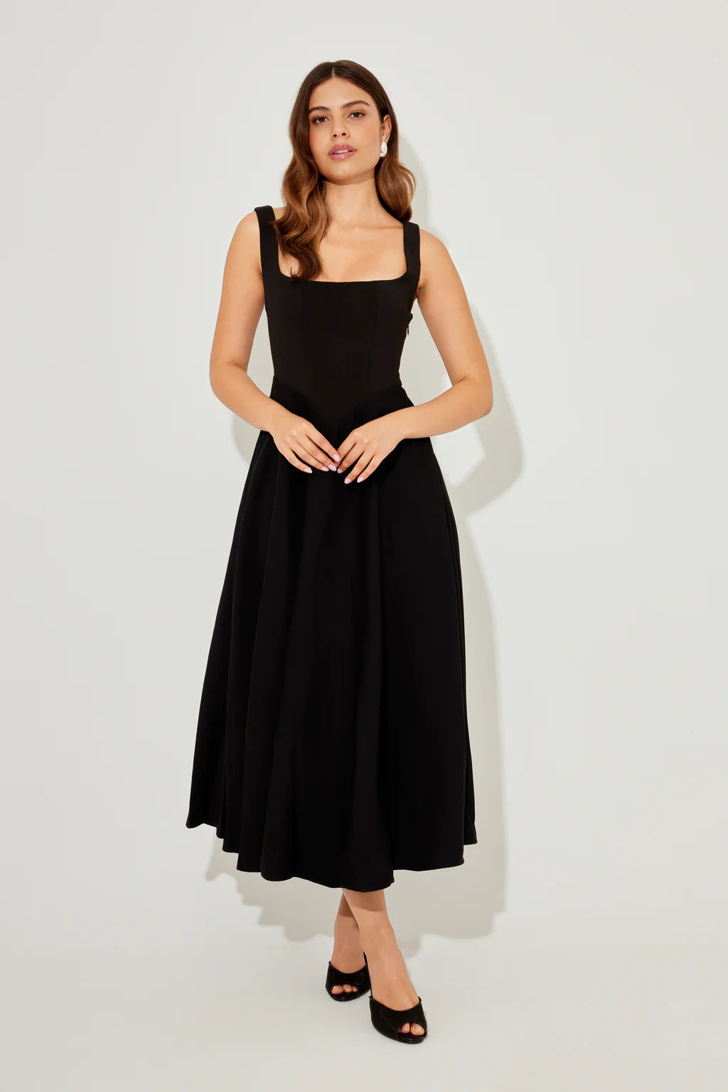 Chic Black Square-Neck Corset Midi Dress