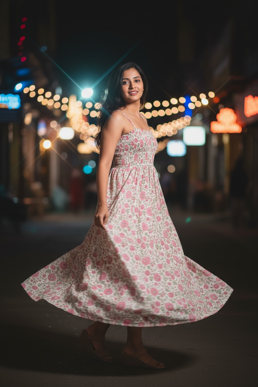 Hand Block Print Cotton Smocked A-Line Midi Dress with Adjustable Straps