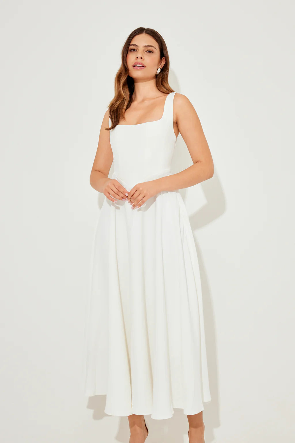 Elegant White Square-Neck Midi Dress