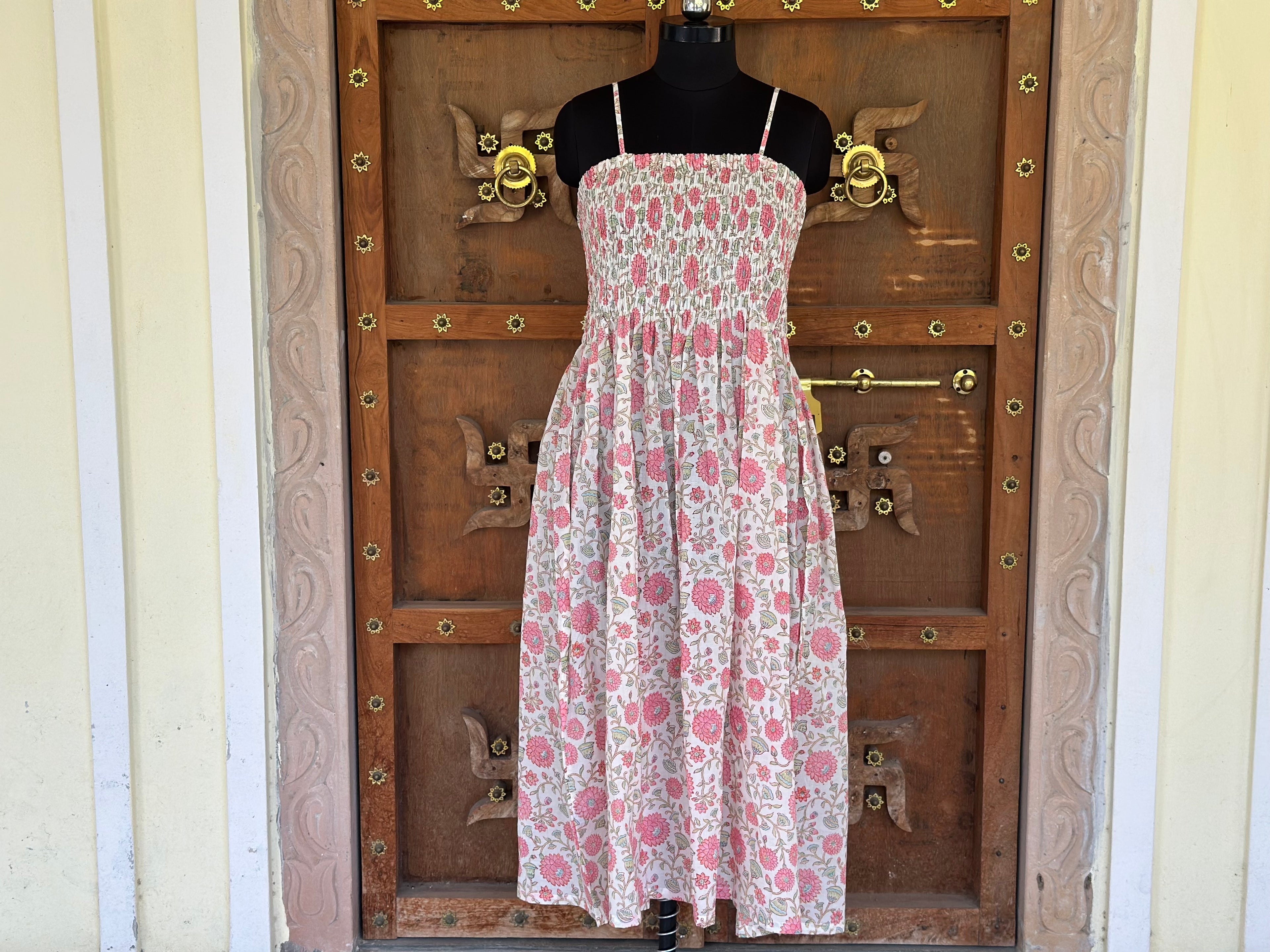 Hand Block Print Cotton Smocked A-Line Midi Dress with Adjustable Straps
