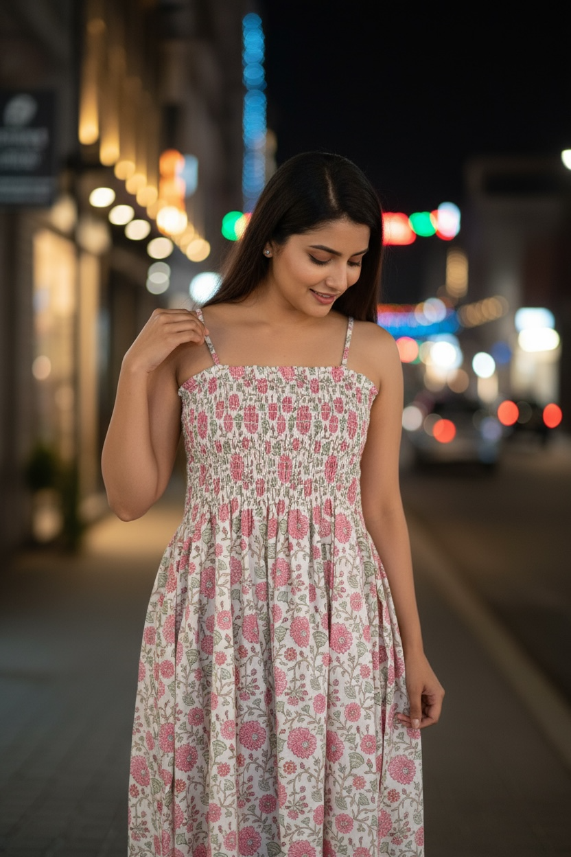 Hand Block Print Cotton Smocked A-Line Midi Dress with Adjustable Straps