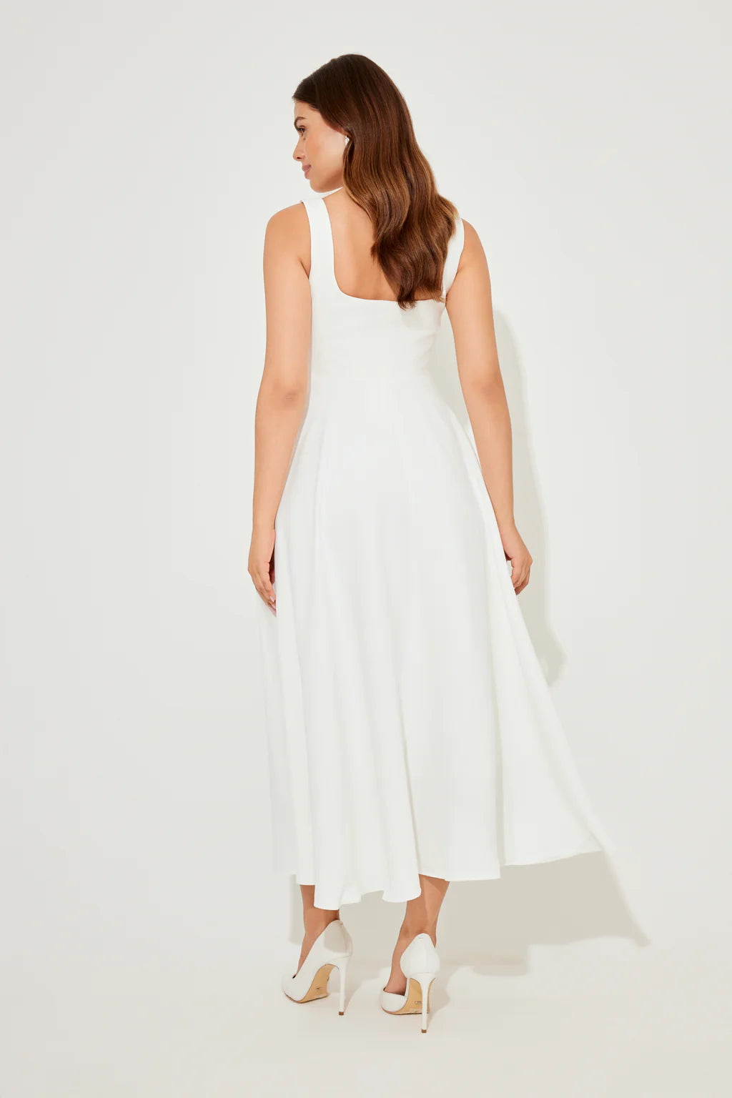 Elegant White Square-Neck Midi Dress