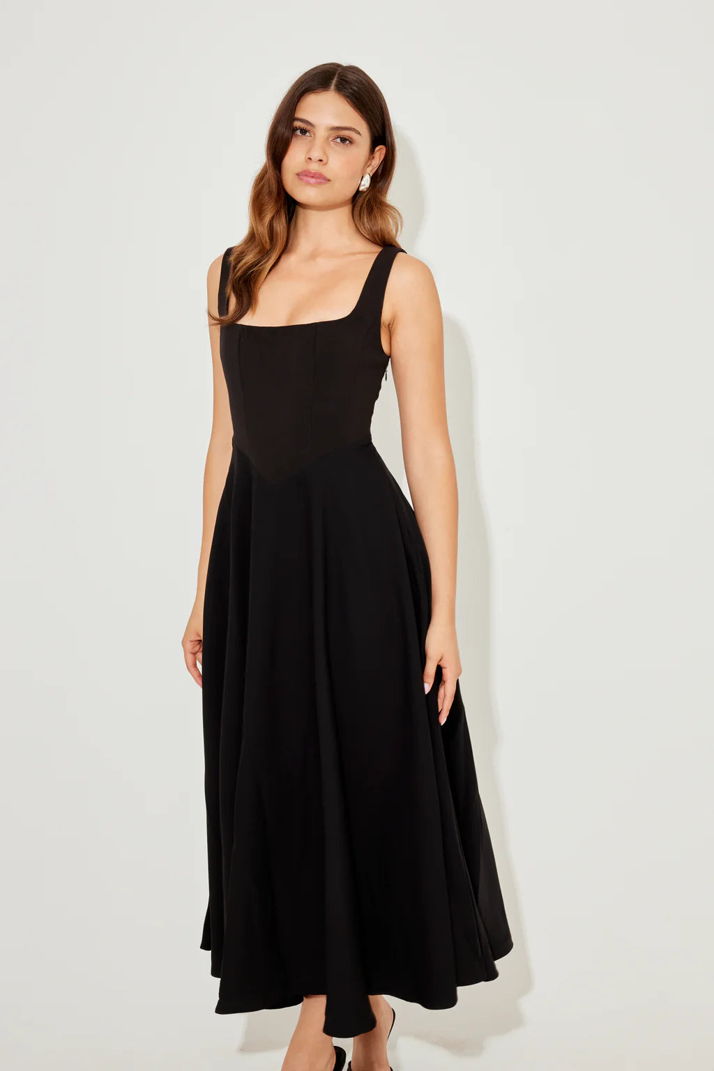 Chic Black Square-Neck Corset Midi Dress