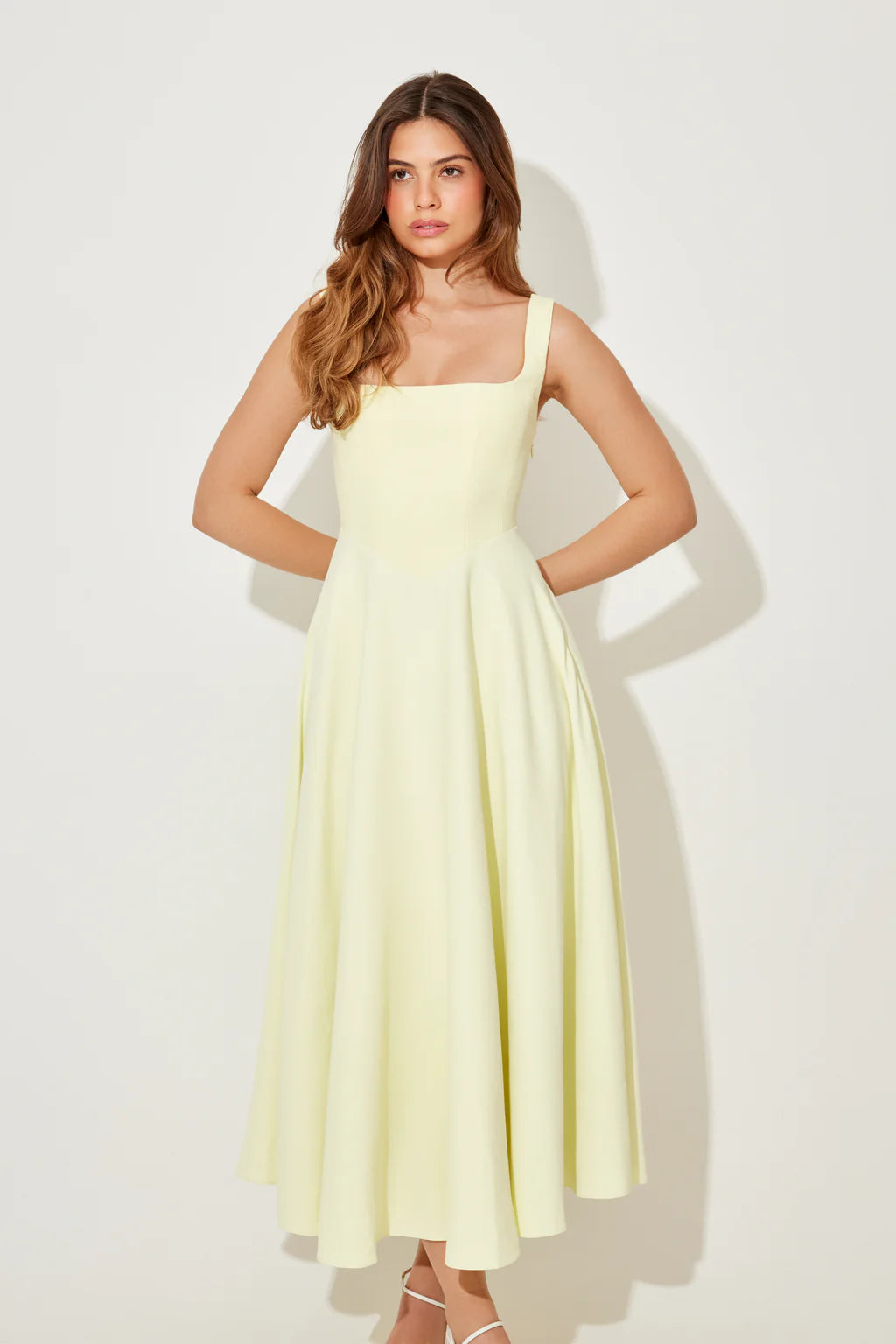 Pastel Yellow Square Neck Fit-and-Flare Dress