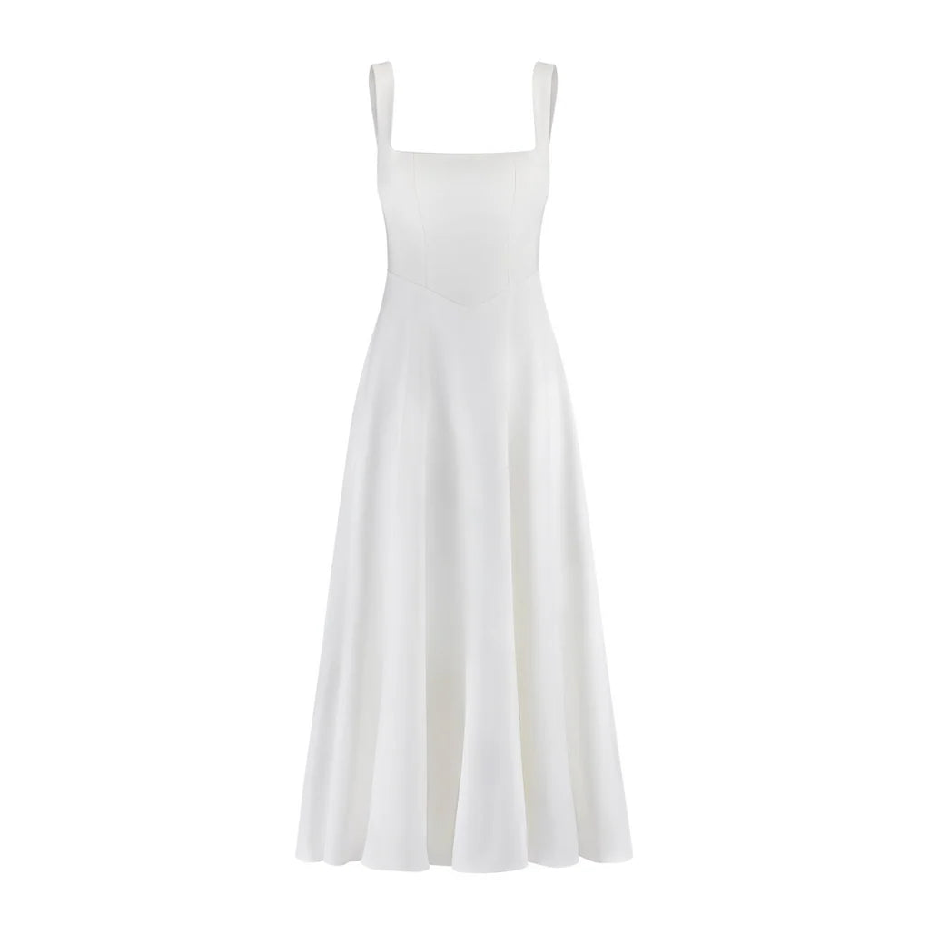 Elegant White Square-Neck Midi Dress