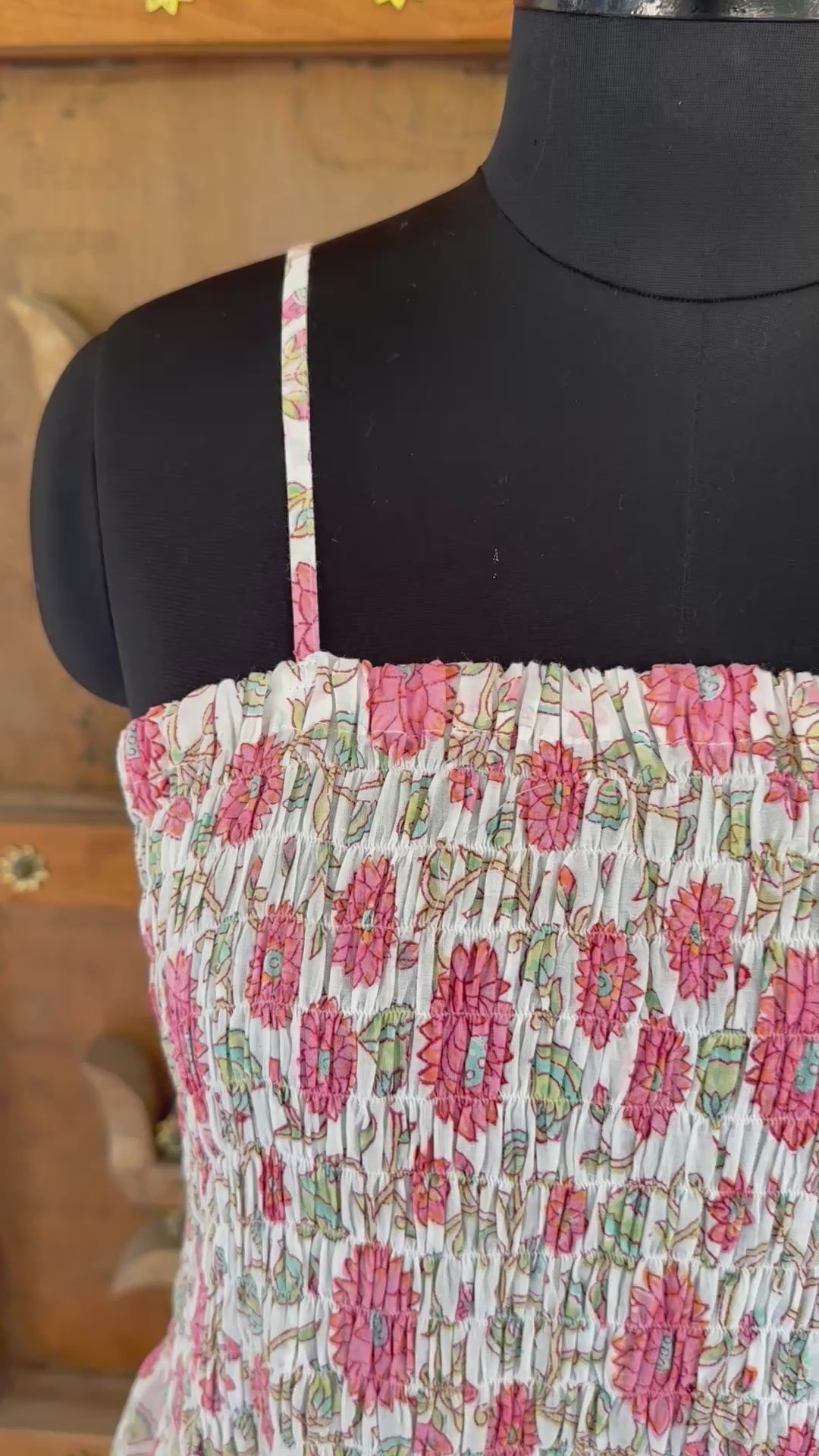 Hand Block Print Cotton Smocked A-Line Midi Dress with Adjustable Straps